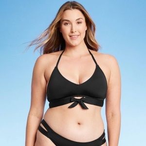 Kona Sol Tie Front Halter Bralette Bikini Top Black NWOT S